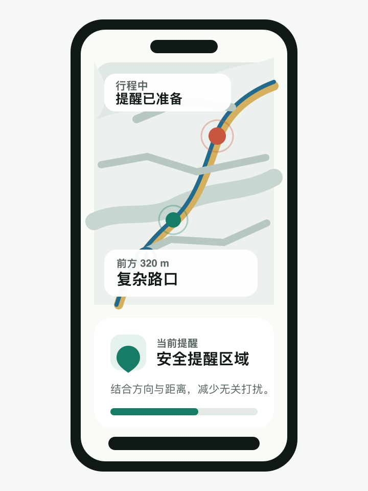 灵动路书行程中地图与复杂路口提醒界面预览